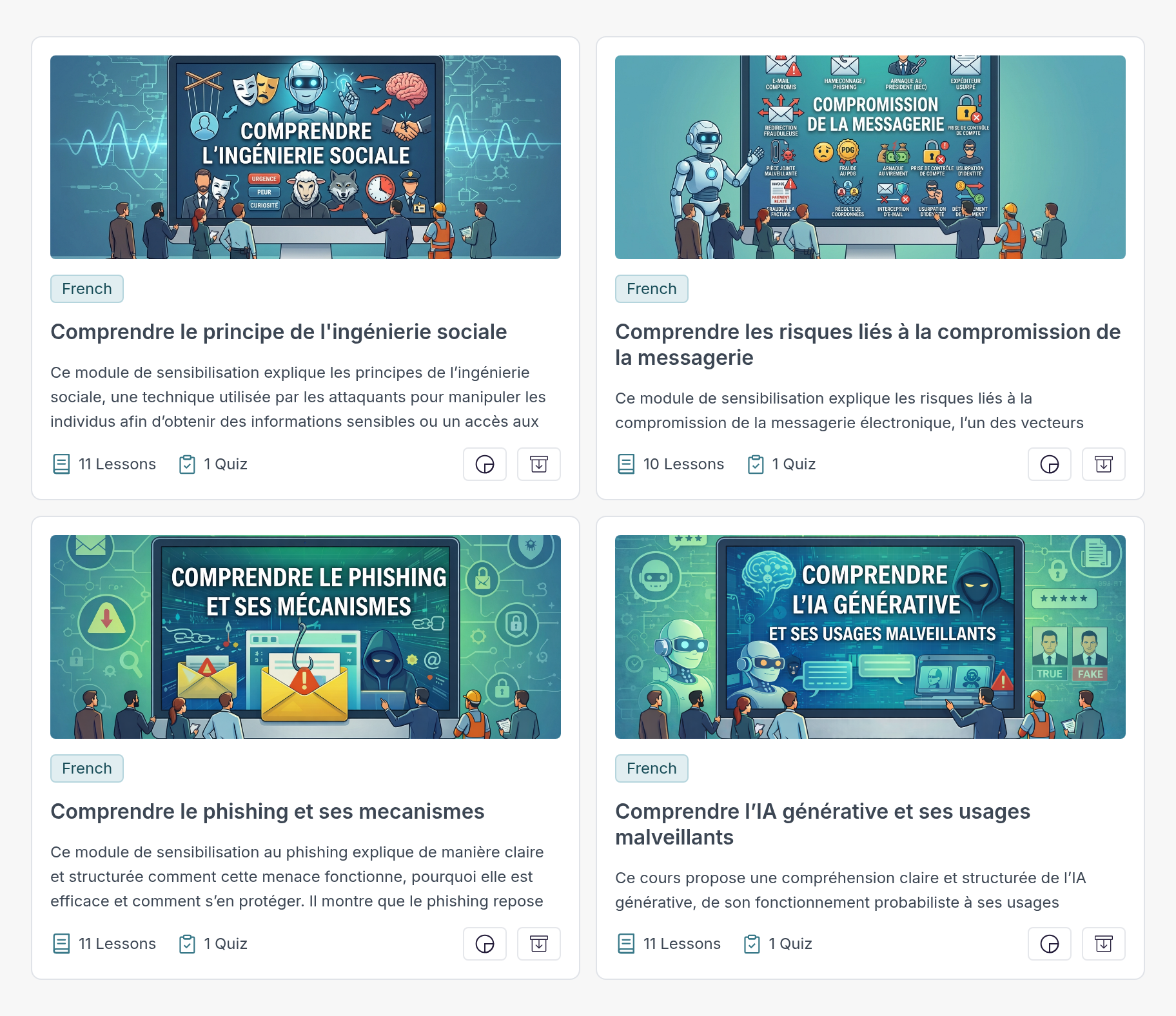 Four illustrated CyberAwareness modules covering social engineering, email compromise, phishing, and generative AI, with lesson and quiz counts.