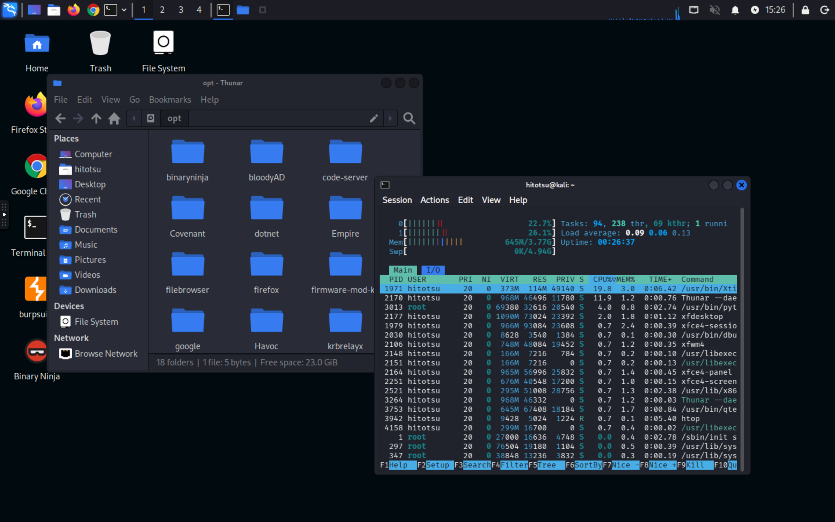 A live Kali Linux desktop accessed through SecDojo's browser connection, with the installed tool folders and a terminal system monitor open.