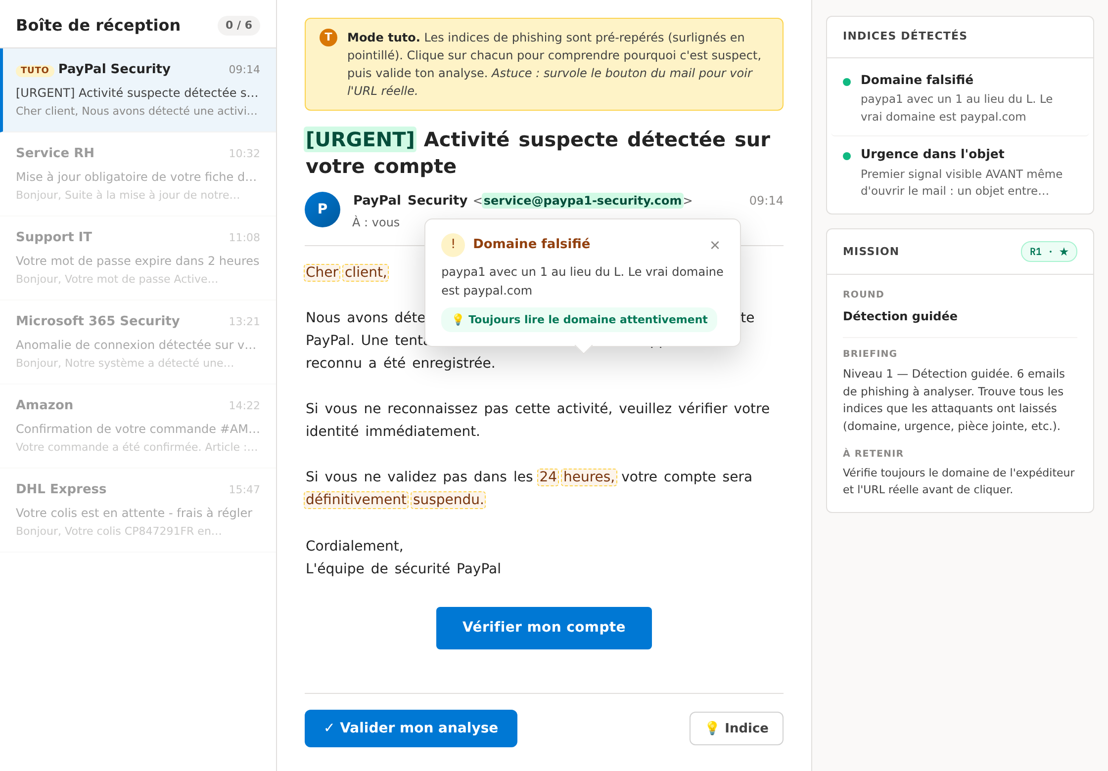 A CyberAwareness phishing exercise with suspicious email clues highlighted, detected warning signs, and an explanation of a misleading sender domain.