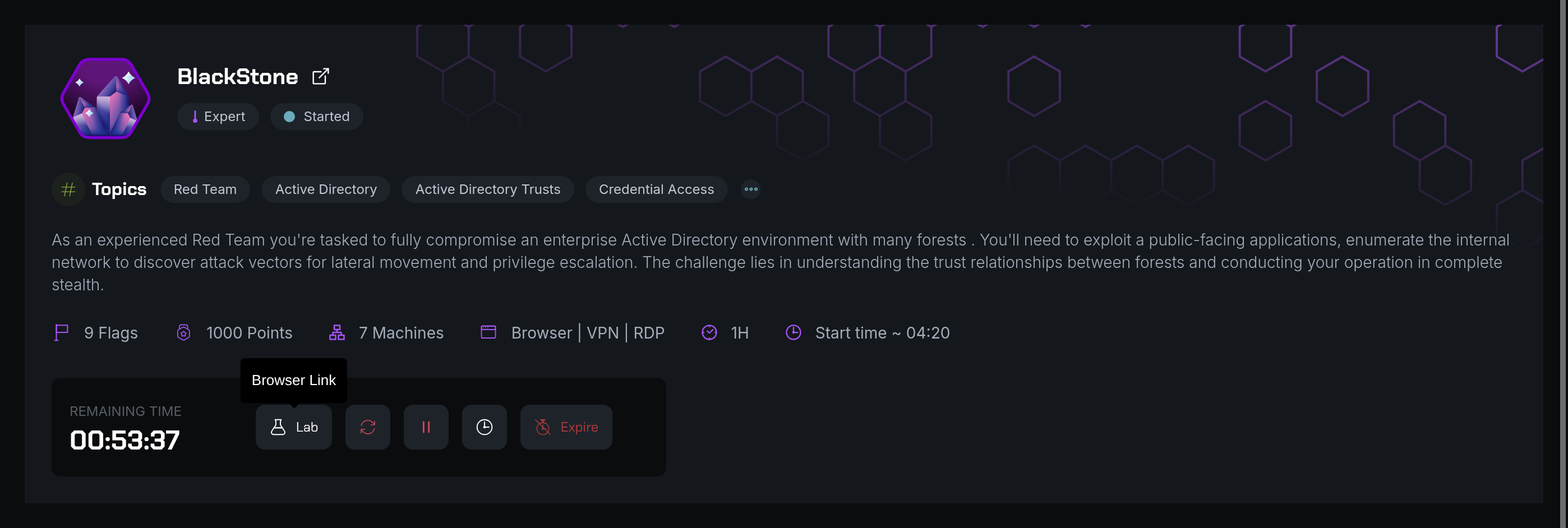 BlackStone lab overview: an expert Red Team scenario with seven machines and browser, VPN, and RDP access.