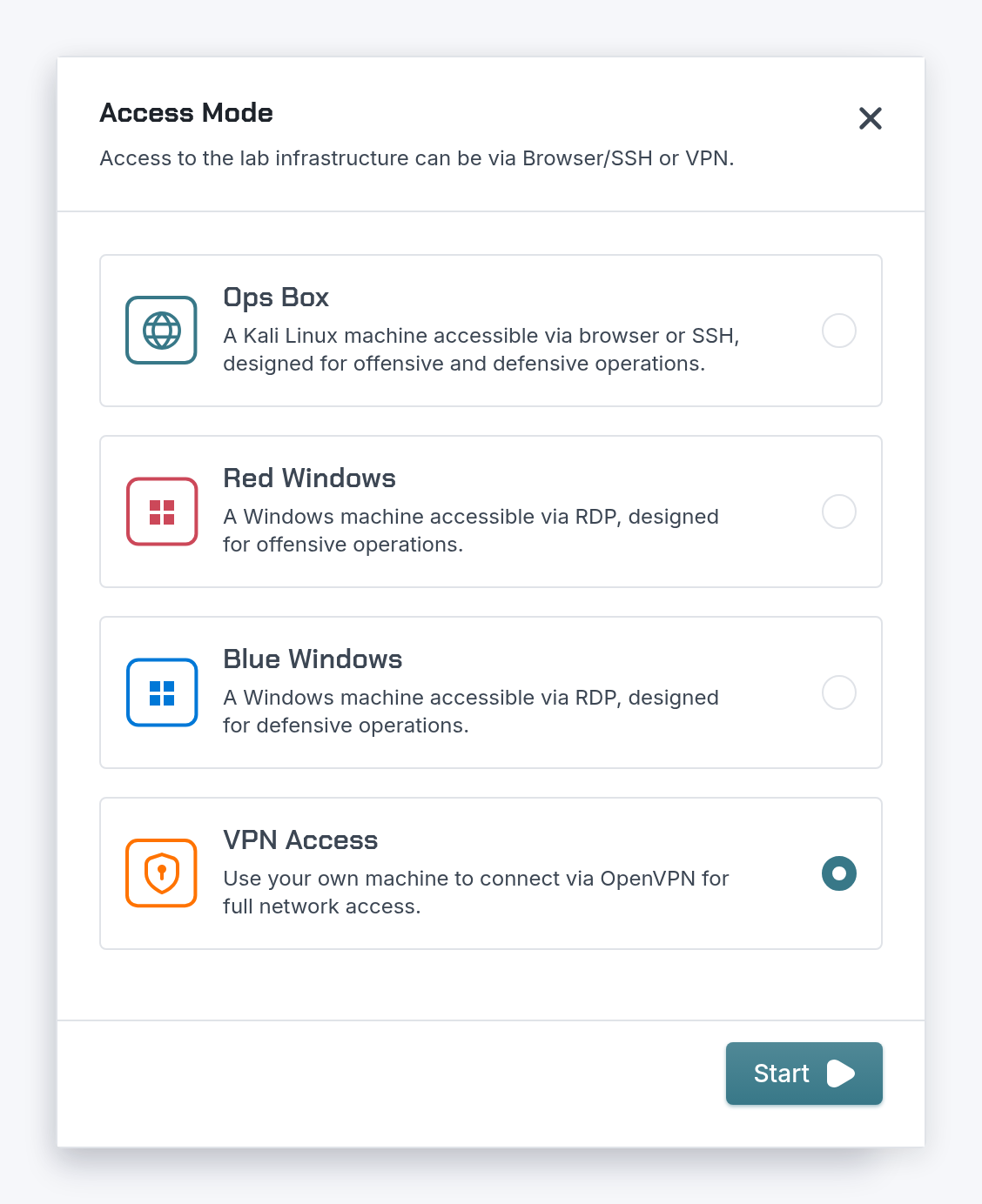 CyberLearn's complete access-mode selector with Ops Box, Red Windows, Blue Windows, and VPN options.