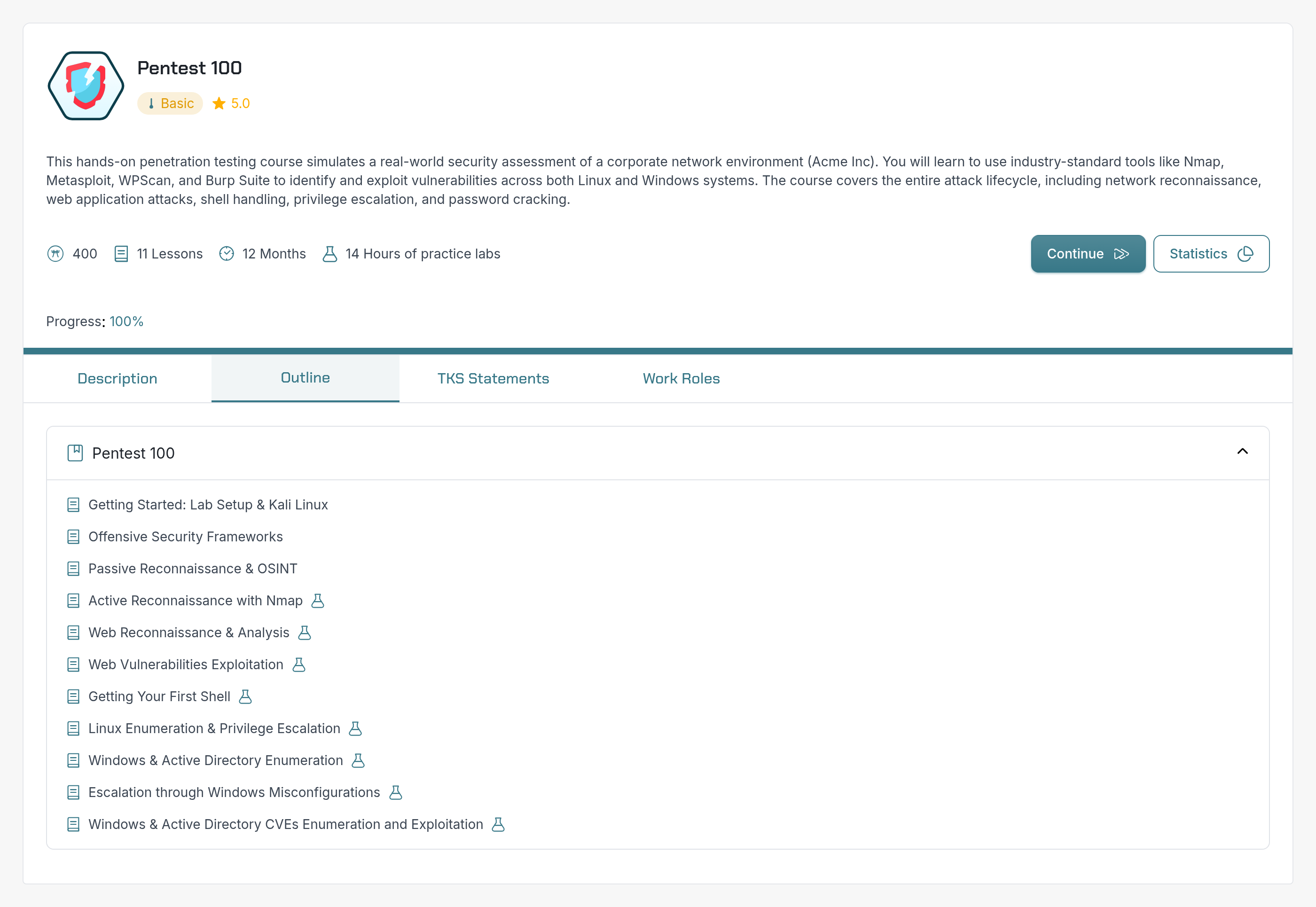Pentest 100 course with its complete outline and guided lab lessons covering a corporate network assessment.